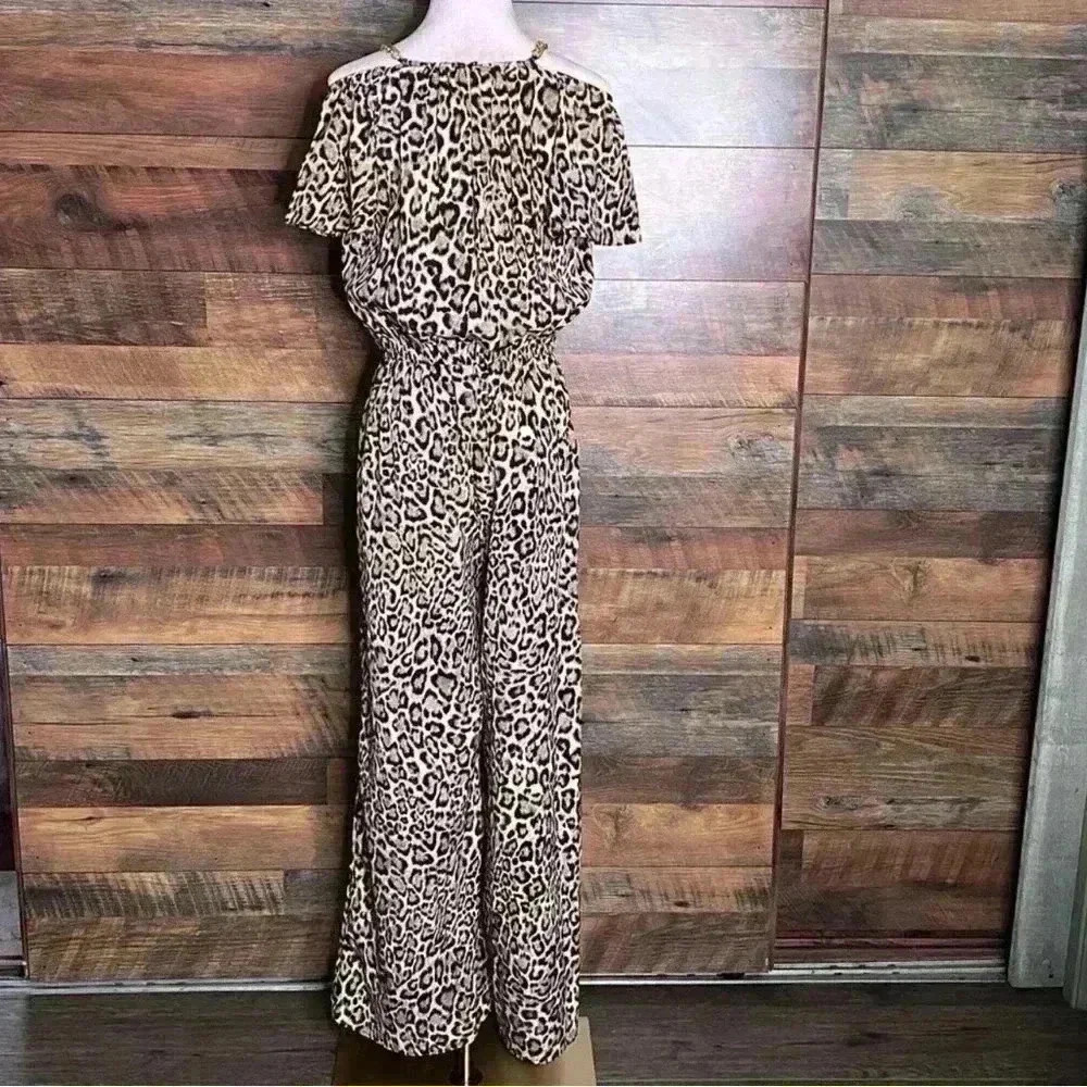 MICHAEL KORS Cheetah Flutter Sleeve Wide Leg Jumpsuit Small offices iren Mobwife - Picture 3 of 16